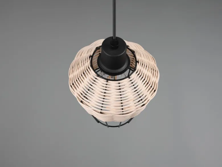 LED Pendelleuchte mit Rattan Geflecht Natur und Gitter im Boho Stil, Ø 18cm