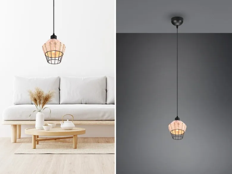 LED Pendelleuchte mit Rattan Geflecht Natur und Gitter im Boho Stil, Ø 18cm