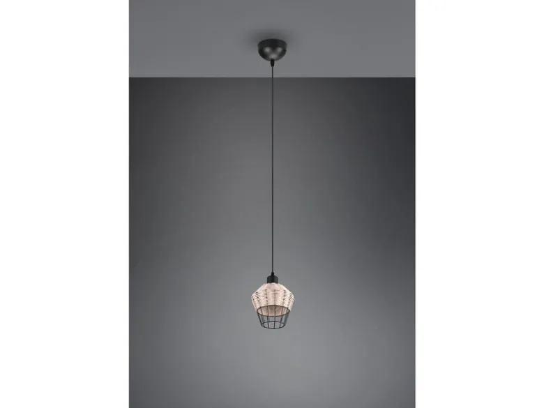 LED Pendelleuchte mit Rattan Geflecht Natur und Gitter im Boho Stil, Ø 18cm