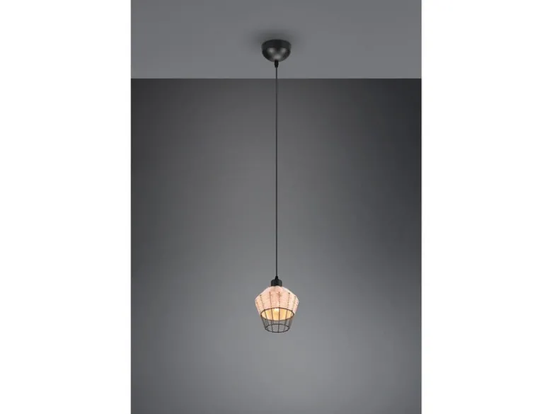 LED Pendelleuchte mit Rattan Geflecht Natur und Gitter im Boho Stil, Ø 18cm