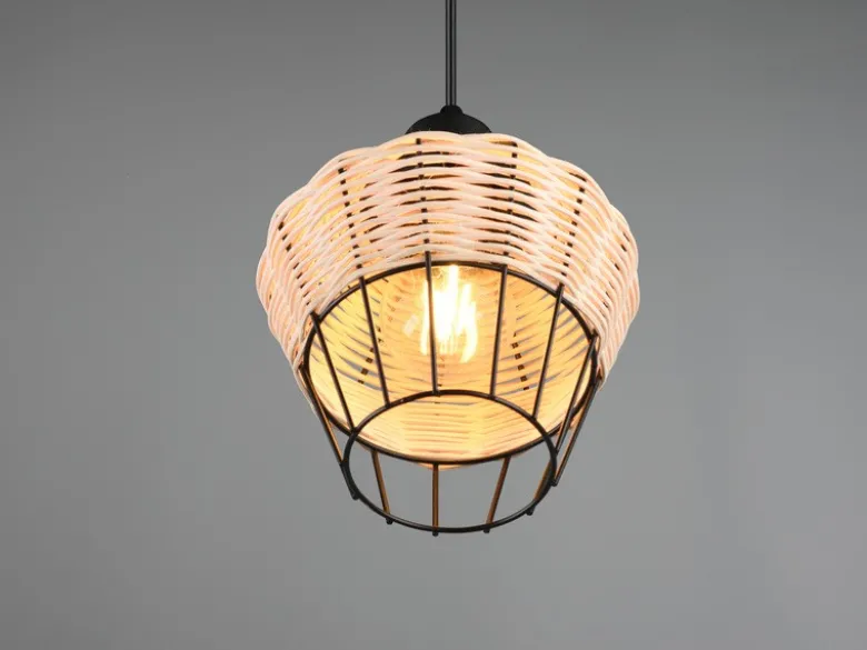 LED Pendelleuchte mit Rattan Geflecht Natur und Gitter im Boho Stil, Ø 18cm