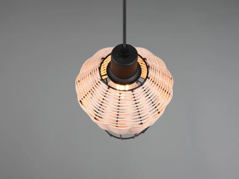 LED Pendelleuchte mit Rattan Geflecht Natur und Gitter im Boho Stil, Ø 18cm
