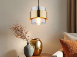 LED Pendelleuchte mit Rauchglas Lampenschirm und Messingring, Ø 18cm
