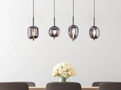 LED Pendelleuchte mit 4 Rauchglaskugeln Metall Schwarz, Breite 100cm