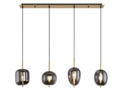 LED Pendelleuchte mit 4 Rauchglaskugeln Metall Messing, Breite 100cm
