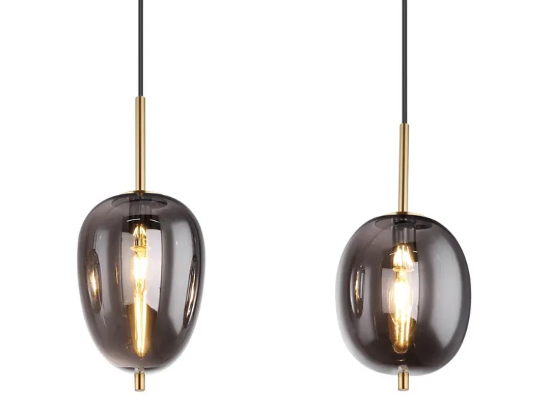 LED Pendelleuchte mit 4 Rauchglaskugeln Metall Messing, Breite 100cm