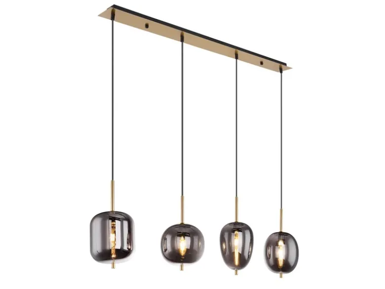 LED Pendelleuchte mit 4 Rauchglaskugeln Metall Messing, Breite 100cm