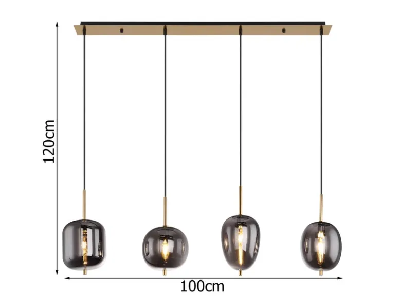 LED Pendelleuchte mit 4 Rauchglaskugeln Metall Messing, Breite 100cm