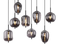 LED Pendelleuchte mit 8 Rauchglaskugeln Metall Schwarz, Breite 94cm