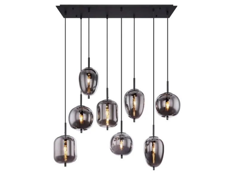 LED Pendelleuchte mit 8 Rauchglaskugeln Metall Schwarz, Breite 94cm