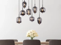 LED Pendelleuchte mit 8 Rauchglaskugeln Metall Schwarz, Breite 94cm