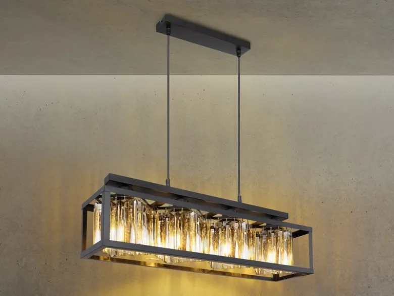 LED Pendelleuchte mit Rauchglas Kristallen 4-flammig, Breite 68cm