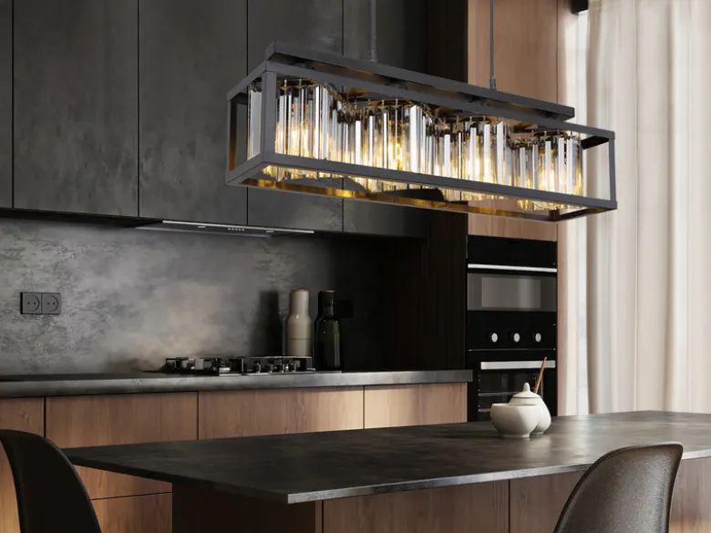 LED Pendelleuchte mit Rauchglas Kristallen 4-flammig, Breite 68cm