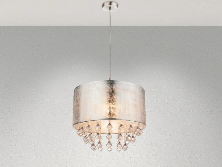 LED Pendelleuchte mit Stoff Lampenschirm Silber & Kristall Behang, Ø 40cm