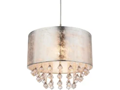 LED Pendelleuchte mit Stoff Lampenschirm Silber & Kristall Behang, Ø 40cm