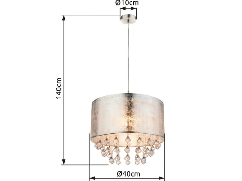 LED Pendelleuchte mit Stoff Lampenschirm Silber & Kristall Behang, Ø 40cm