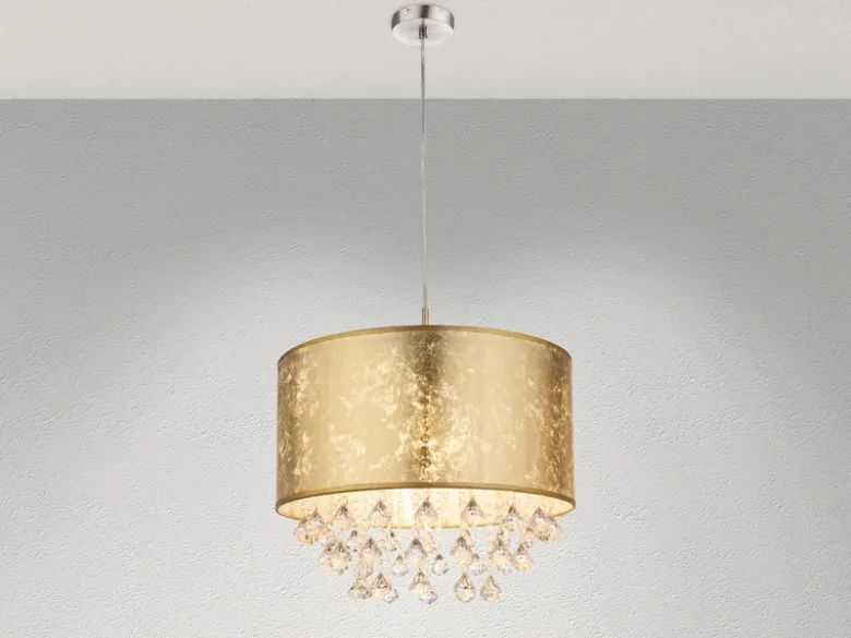 LED Pendelleuchte mit Stoff Lampenschirm Gold & Kristall Behang, Ø 40cm