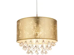 LED Pendelleuchte mit Stoff Lampenschirm Gold & Kristall Behang, Ø 40cm