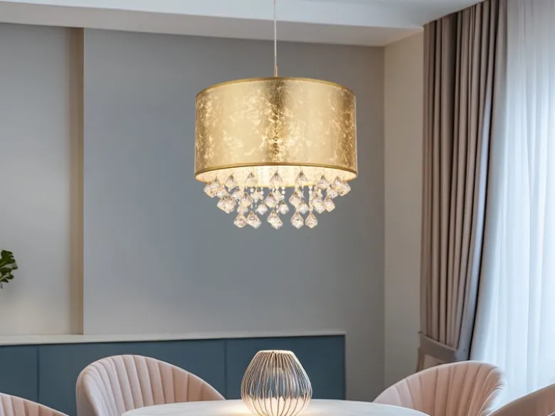 LED Pendelleuchte mit Stoff Lampenschirm Gold & Kristall Behang, Ø 40cm