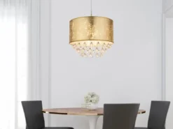 LED Pendelleuchte mit Stoff Lampenschirm Gold & Kristall Behang, Ø 40cm