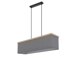 LED Pendelleuchte mit Stoff Lampenschirm und Holzoptik, Breite 80cm