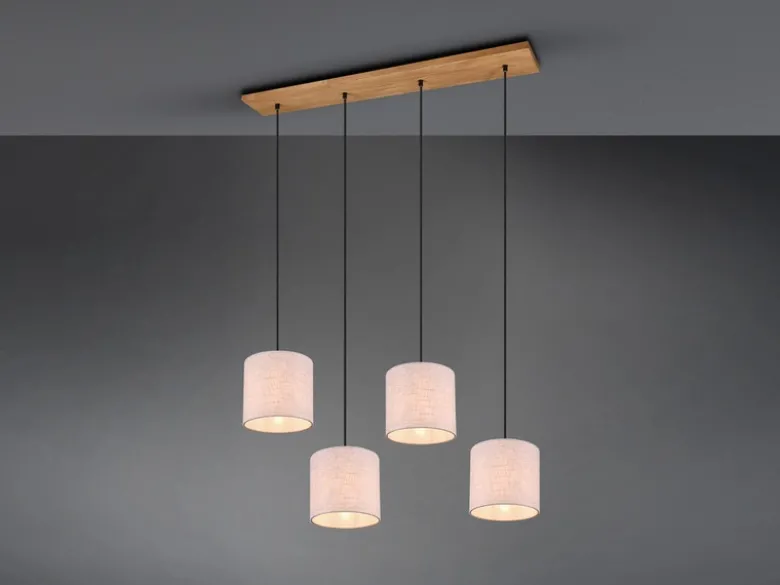 LED Pendelleuchte mit Stoffschirmen Beige & Naturholz Baldachin, Breite 100cm