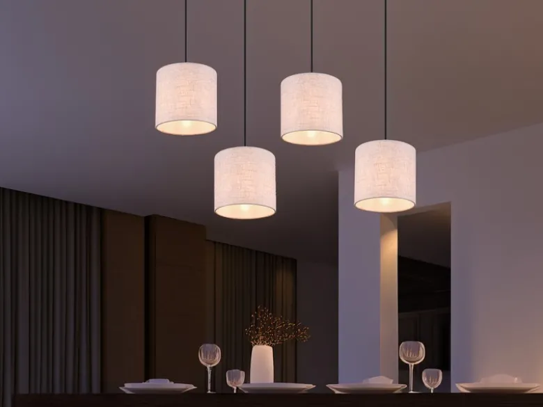 LED Pendelleuchte mit Stoffschirmen Beige & Naturholz Baldachin, Breite 100cm