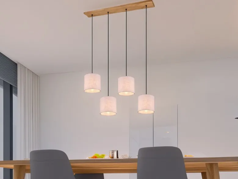 LED Pendelleuchte mit Stoffschirmen Beige & Naturholz Baldachin, Breite 100cm