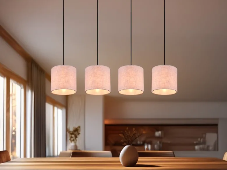 LED Pendelleuchte mit Stoffschirmen Beige & Naturholz Baldachin, Breite 100cm