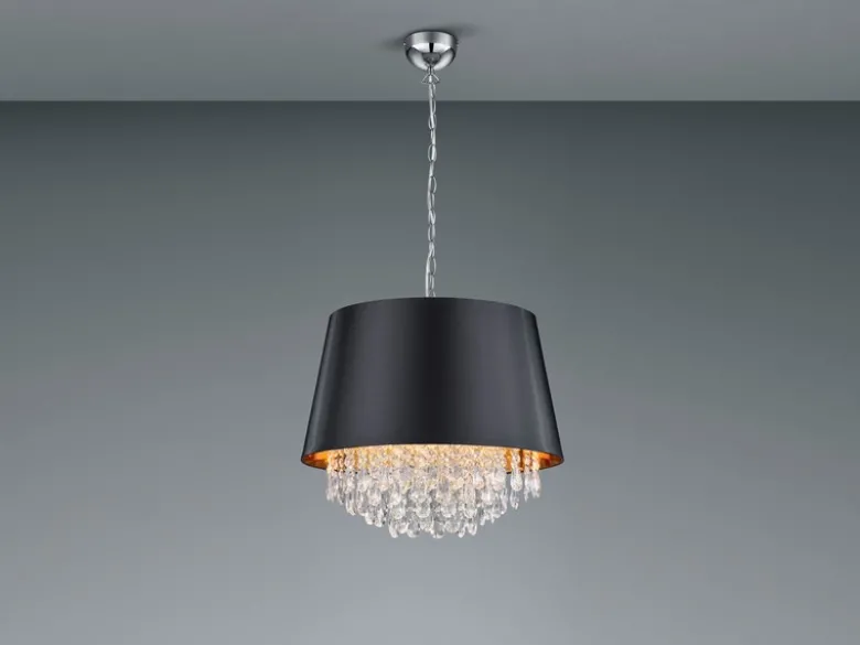 LED Pendelleuchte mit Stoffschirm Schwarz Gold & Kristall, Ø 50cm