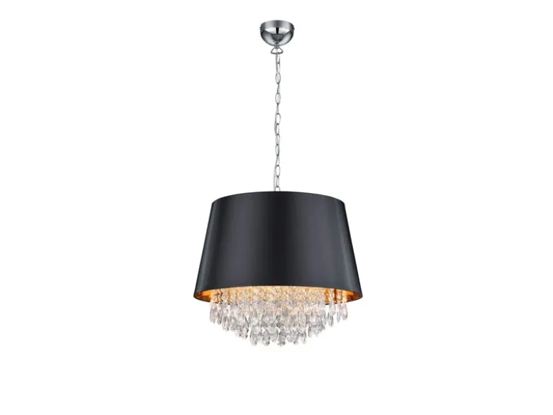 LED Pendelleuchte mit Stoffschirm Schwarz Gold & Kristall, Ø 50cm