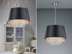 LED Pendelleuchte mit Stoffschirm Schwarz Gold & Kristall, Ø 50cm