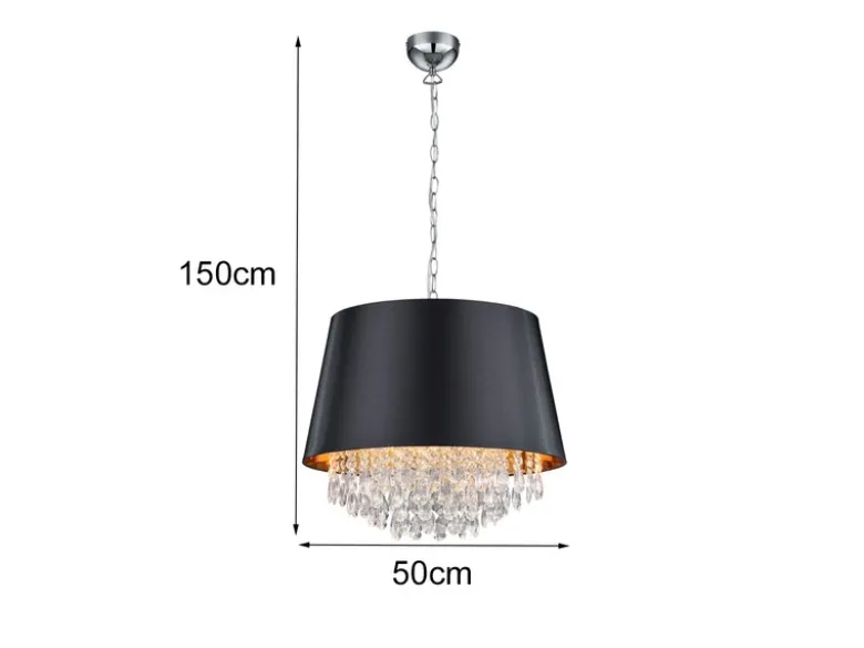 LED Pendelleuchte mit Stoffschirm Schwarz Gold & Kristall, Ø 50cm
