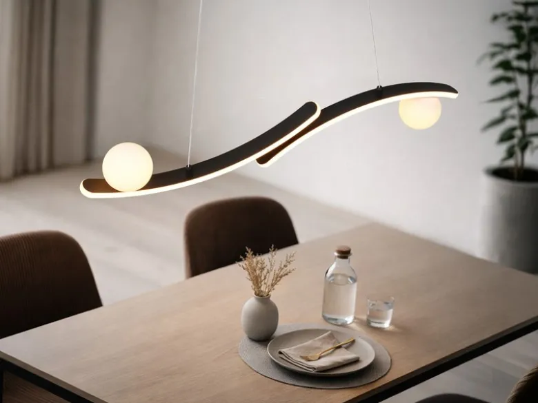 LED Pendelleuchte NAPOLI Schwarz, dimmbar mit 2 Glaskugeln, Breite 82cm