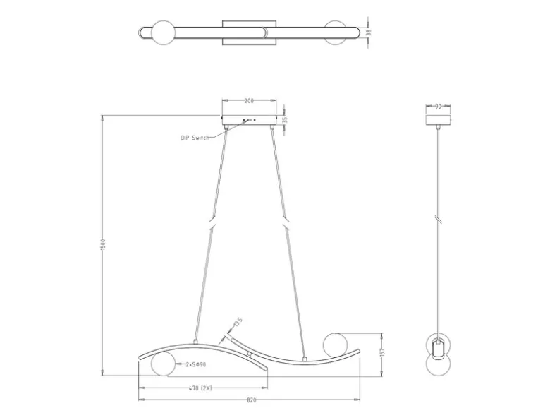 LED Pendelleuchte NAPOLI Schwarz, dimmbar mit 2 Glaskugeln, Breite 82cm
