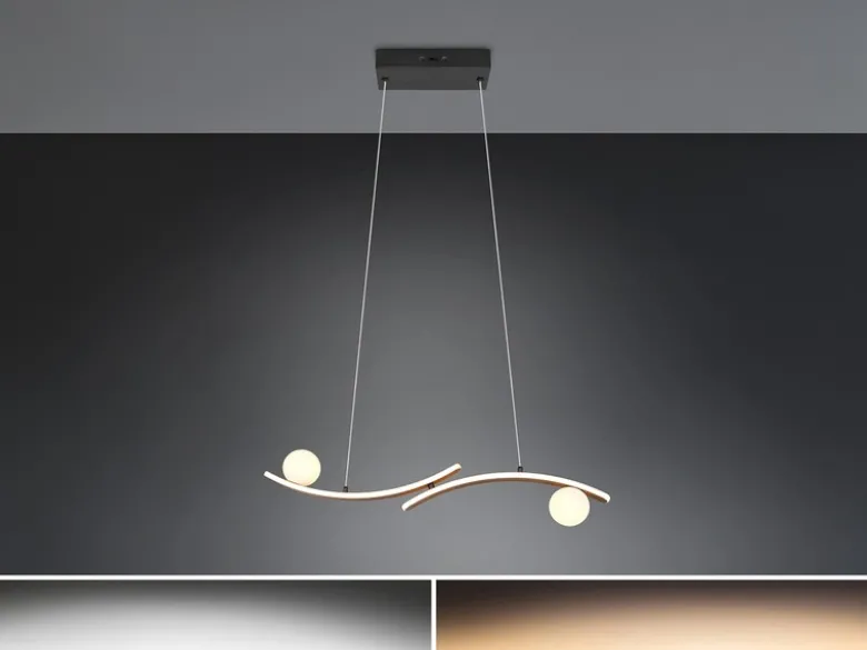 LED Pendelleuchte NAPOLI Schwarz, dimmbar mit 2 Glaskugeln, Breite 82cm