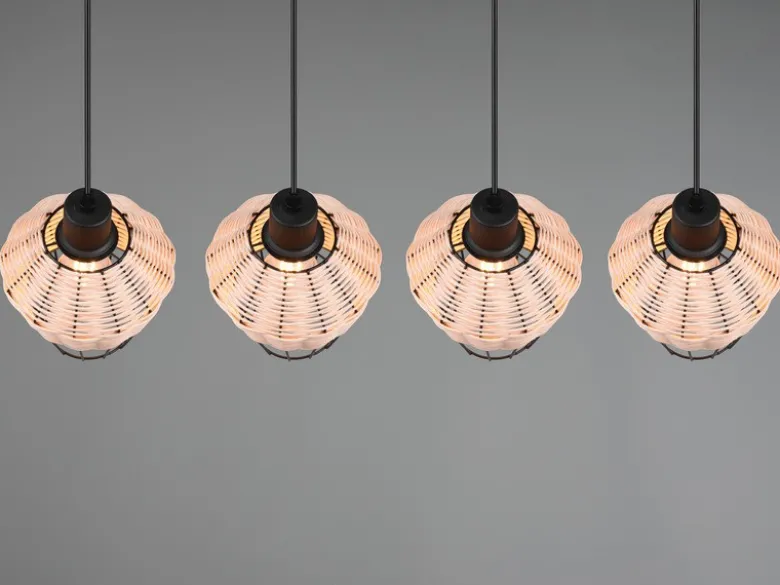 LED Pendelleuchte Rattan Geflecht Natur & Gitter im Boho Stil, Breite 95cm