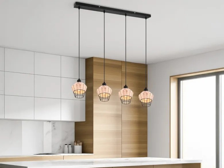 LED Pendelleuchte Rattan Geflecht Natur & Gitter im Boho Stil, Breite 95cm