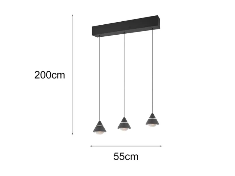 LED Pendelleuchte ROMEO höhenverstellbar, 3-flammig Schwarz, Breite 55cm