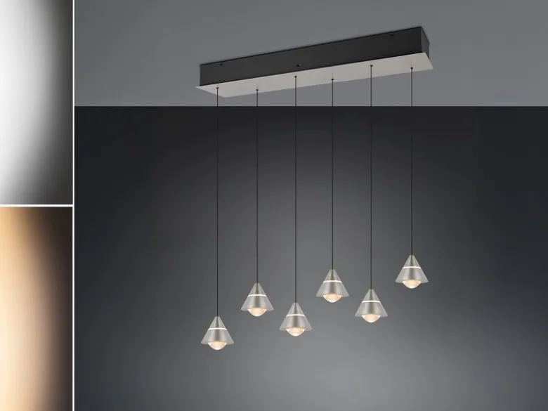 LED Pendelleuchte ROMEO höhenverstellbar, 6-flammig Silber, Breite 75cm