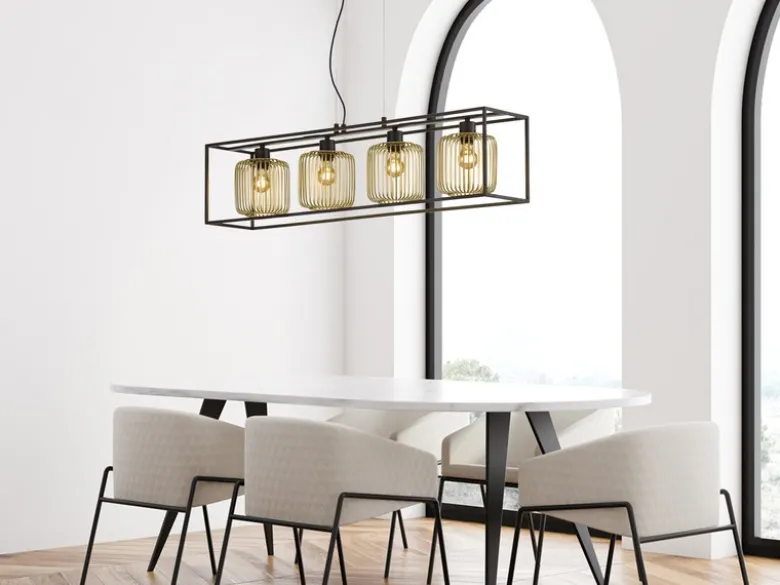 LED Pendelleuchte Schwarz Gold 4-flammig lang, Breite 110cm
