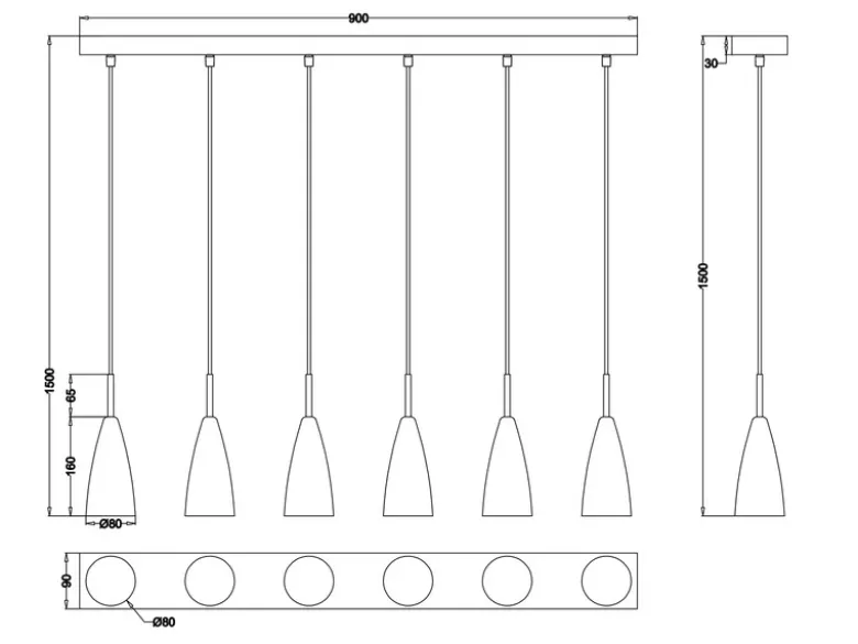LED Pendelleuchte Silber 6 flammig Metall Lampenschirme Ø8cm, Breite 90cm