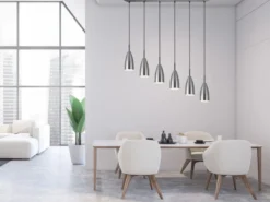 LED Pendelleuchte Silber 6 flammig Metall Lampenschirme Ø8cm, Breite 90cm