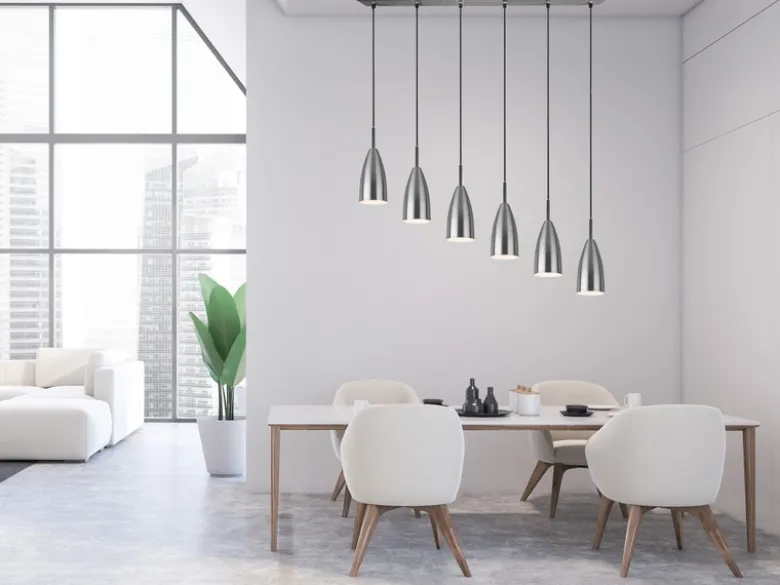 LED Pendelleuchte Silber 6 flammig Metall Lampenschirme Ø8cm, Breite 90cm