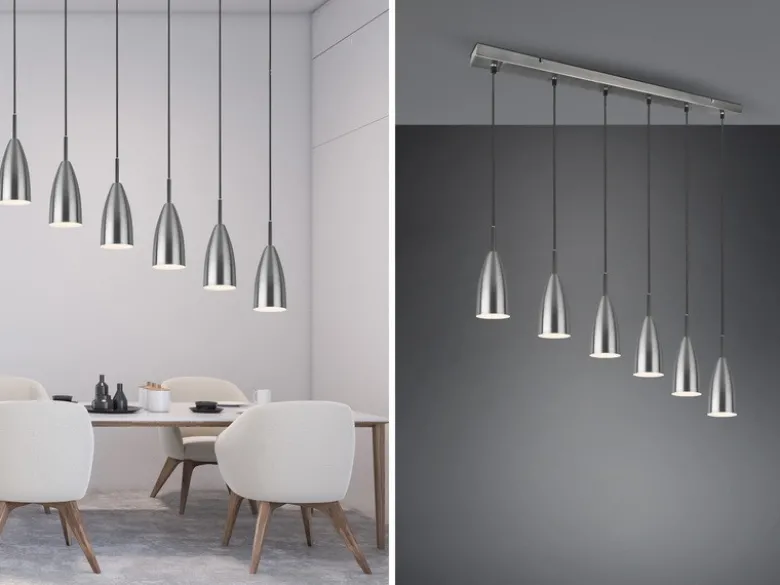 LED Pendelleuchte Silber 6 flammig Metall Lampenschirme Ø8cm, Breite 90cm
