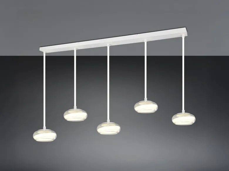 LED Pendelleuchte TARSIA dimmbar aus Metall in Weiß & Glas, 5 flammig, B 161,5cm
