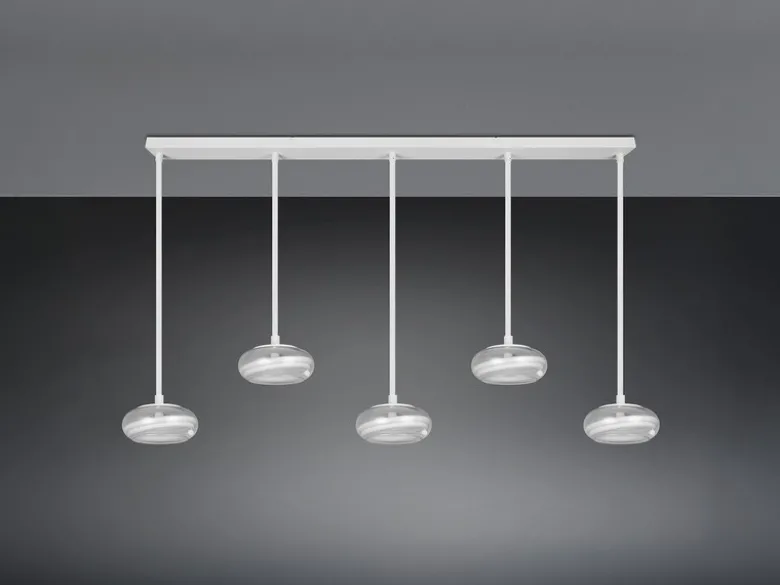 LED Pendelleuchte TARSIA dimmbar aus Metall in Weiß & Glas, 5 flammig, B 161,5cm