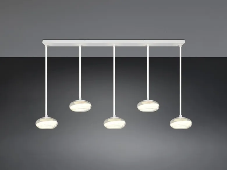 LED Pendelleuchte TARSIA dimmbar aus Metall in Weiß & Glas, 5 flammig, B 161,5cm