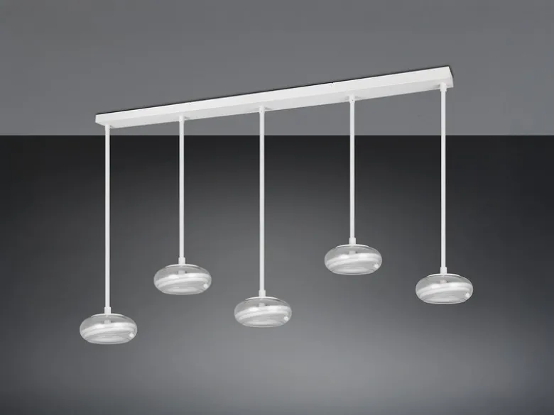 LED Pendelleuchte TARSIA dimmbar aus Metall in Weiß & Glas, 5 flammig, B 161,5cm