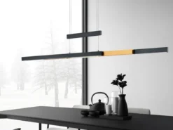LED Pendelleuchte TRAJAN ausziehbar höhenverstellbar Schwarz Gold, Breite 150cm